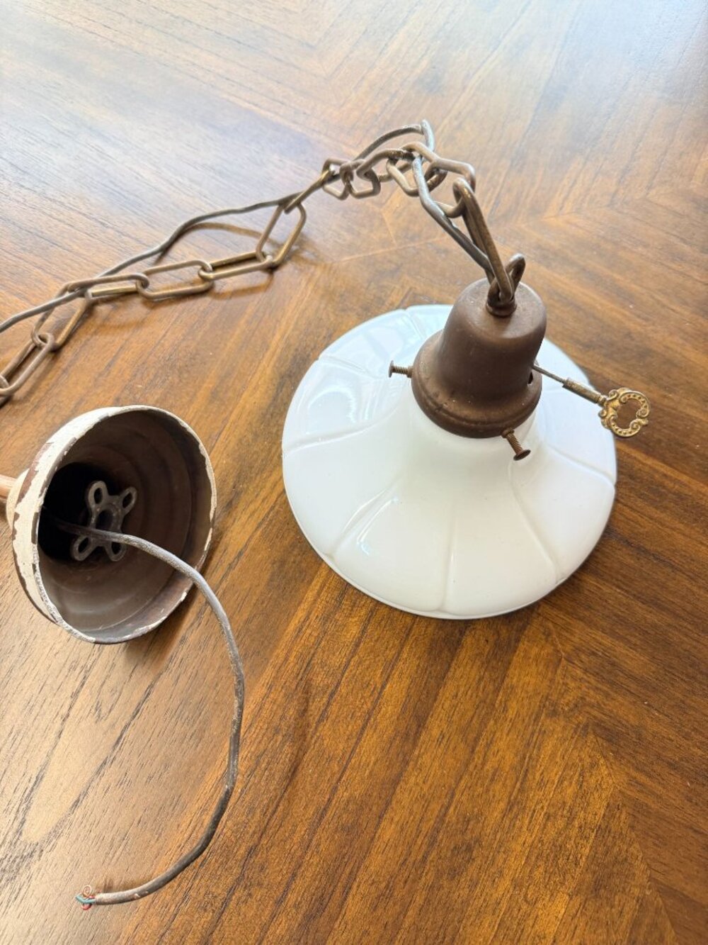 Old Vintage Hanging Pendant Light Fixture Milk Glass Industrial READ